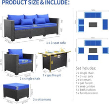 HTERWQEA 6 Piece Patio Furniture Set Outdoor with Gas Fire Pit Table, Wicker Sectional Sofa Conversation Couch with Ottomans and Side Royal Blue