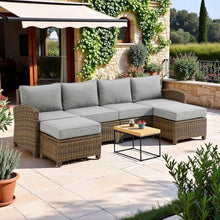Outdoor Escape Brown Wicker Patio Sectional 4 Piece Set, Outdoor Couch with Gray Cushions, Two Loveseats and Ottomans for Porch, Balcony, or Garden