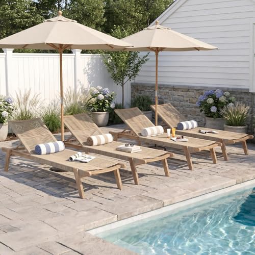 Merax Outdoor Chaise Lounge Chair Set of 4, 77" L Acacia Wood Patio Lounge Chair with 4 Adjustable Position, Rope Woven Beach Lounger for Pool Deck Balcony Garden, 800lbs Capacity, Teak+ Beige