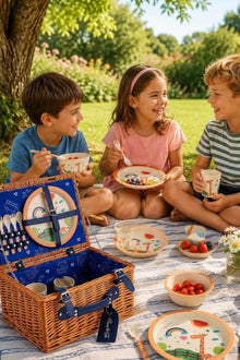 2-Person Picnic Basket Set, Handcrafted Wicker Picnic Basket with Handle and Lid, Includes Plastic Plates, Cups, Bowls, and Cutlery - Navy Blue