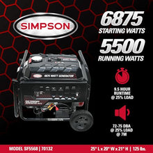 Simpson 6875 Watt Gas Generator, 292cc, 9.5-Hr Runtime, Electric Start