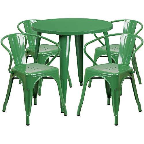 Flash Furniture Commercial Grade 30" Round Metal Indoor-Outdoor Table Set with 4 Arm Chairs Green