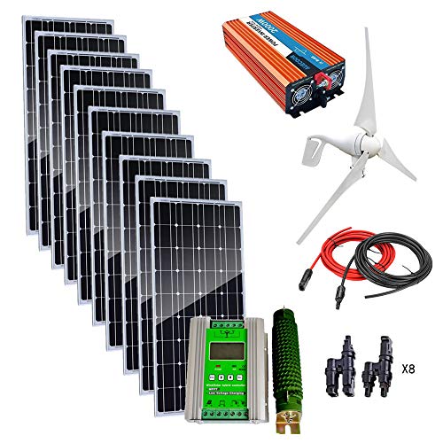 AUECOOR 1.4Kw Wind Solar Power: 10pcs 100W Mono Solar Panels & 400W Wind Turbine Generator & 2000W 24V Off Grid Inverter & Cable Connector Home Boat RV