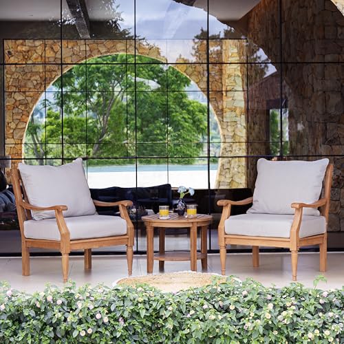 Cambridge Casual Venice Teak Wood Patio Bistro Set of 3 with Beige Cushion, Indonesian Teak Wood, Weather-Resistant Patio Furniture Set of 3, Club Chair Set of 2 with Side Table