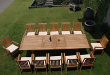 WholesaleTeakFurniture Grade-A Teak Wood 12 Seater 13 Pc Dining Set: 117" Rectangle Table and 12 Cahyo Stacking Arm Chairs #WFDSCHe