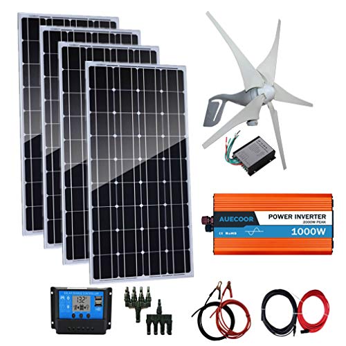 AUECOOR 800 Watts Wind Solar Powered System: 4 pcs 100W Monocrystalline Solar Panel + 1000W Pure Since Wave Inverter(Peak 2000W)+Accessories