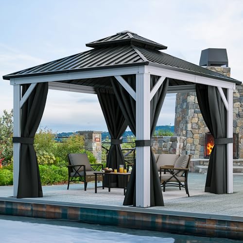 YITAHOME White Gazebo 10x10ft Hardtop Double Roof with Netting and Curtains