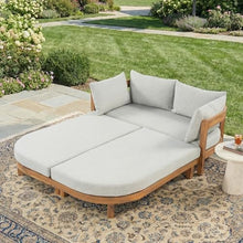 Merax Outdoor Acacia Wood Daybed with Cushions, Chaise Lounge Sofa with Curved Armrest for Patio Backyard and Garden, Teak Finish with Light Grey Cushion