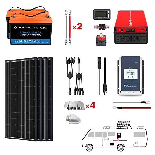 ACOPOWER 200Ah Battery 800W Solar Power System: 2PCS 100Ah Lithium Batteries+1500W Inverter+4PCS 200W Mono Solar Panels+60A MPPT Controller, for RV Boat 12V Off Grid Complete Solar Kit