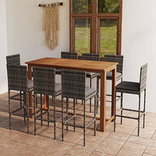 HGFDVCMR 9-Piece Garden Bar Set, Acacia Wood & Rattan, 8 Stools, Gray