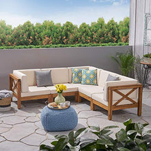 Great Deal Furniture Noble House Brava Wood 5 Seater Sectional Sofa Set with Cushions Teak/Beige