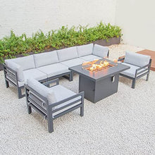 Leisuremod Chelsea 7-Piece Black Aluminum Frame Patio Armchair Sectional Conversation Set and Fire Pit Table with Cushions - Light Grey