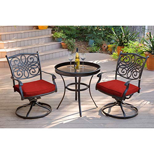 Hanover Traditions 3-Piece Patio Bistro Set with 2 Swivel Rockers and Glass-Top Table Red