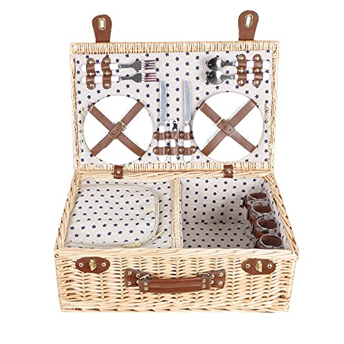 YRHH Picnic Basket Set for 4 with Large Cooler Bag, Wicker Picnic Basket with 4 Stainless Steel Cutlery 4 Plates 4 Wine Glasses 1 Bottle Opener for Outdoor Camping-A