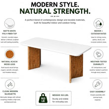 Modern Indoor/Outdoor Matte White 86.6" Rectangular Poly-Fiber Dining Table with Acacia Wood Legs