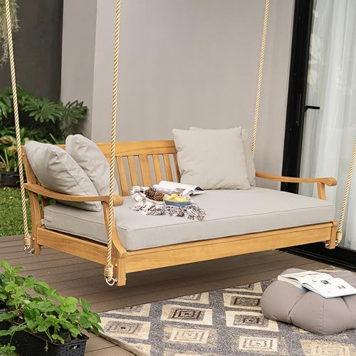 Cambridge Casual Robin Teak Wood 6 FT Porch Swing Bed, Upgraded Patio Porch Swing Daybed with Thick Cushion Support, 750 LB Weight Capacity, Teak Swing Bed for Garden, Backyard, Porch, Oyster Cushion