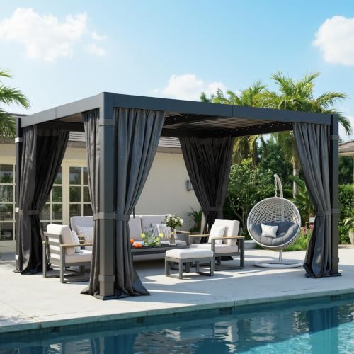 10' x 12' Pergola with Curtain & Adjustable Roof & Aluminum Frame for Patio