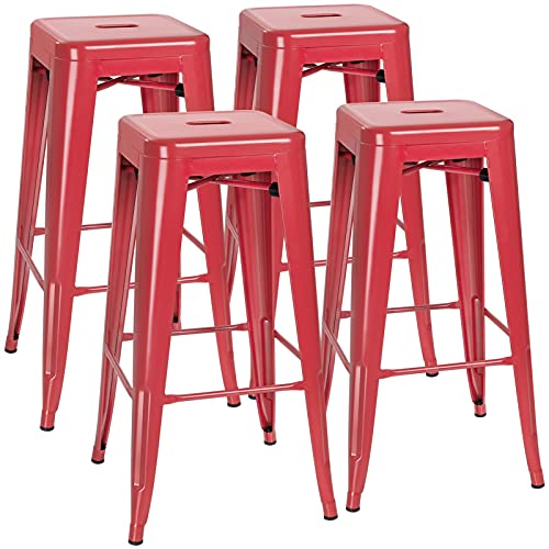ZDXY Set of 4 Bar Stools Breakfast Stool Kitchen Chair Retro Wrought Iron for Counter Height Indoor-Outdoor Modern Stackable Industrial Stools, 30 Inches (Red)