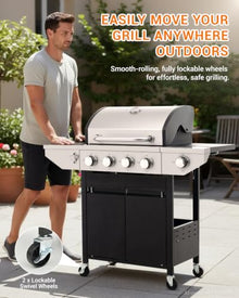 EUHOME 4-Burner Propane Gas BBQ Grill with Side Burner, 46,500 BTU Output Stainless Steel Barbecue Grill with Enameled Cast Iron Grates and Side Tables for Outdoor Cooking Kitchen and Patio Backyard