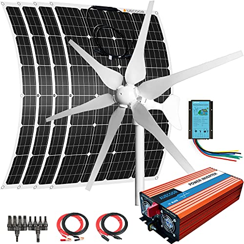 880W Solar & Wind Power Kits Home Off-Grid System for Charging 12V Battery：400W Wind Turbine Generator + 4pcs 120W Flexible Mono Solar Panel + Hybrid Charge Controller+ 3000W 12V Inverter+Accessory