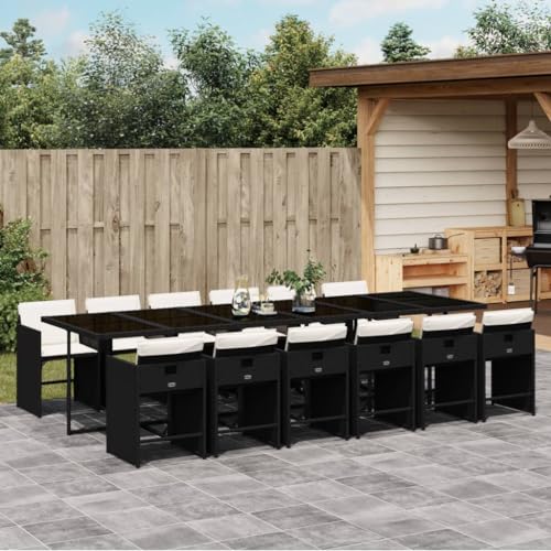 AMBERARD Patio Dining Set Set of 12 Black Poly Rattan and Cream White Cushions Furniture Set