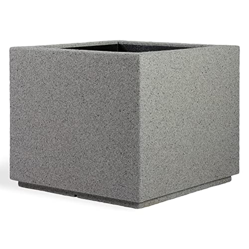 PolyStone Monterray Modern Outdoor/Indoor Square Planter - 23" x 23" x 19" H - Lightweight Weather Resistant Stone-Look Resin Planter - Commercial & Residential - Gray Granite