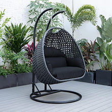 LeisureMod Mendoza Charcoal Wicker 2 Person Patio Hanging Double Egg Swing Chair with Stand & Cushions for Indoor Outdoor Patio Garden (Dark Grey)