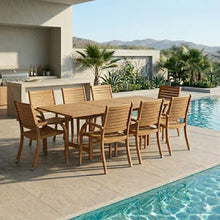 Urban Elements Mykonos 9-Piece Rectangular Patio Furniture Set | 100% Certified Teak Table and Teak Finish Stackable Chairs | Backyard Furniture, Rectangular Outdoor Dining Set