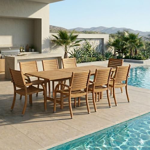 Urban Elements Mykonos 9-Piece Rectangular Patio Furniture Set | 100% Certified Teak Table and Teak Finish Stackable Chairs | Backyard Furniture, Rectangular Outdoor Dining Set