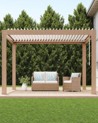 IDEALHOUSE Aluminum Pergola with Gable Roof and Wood Grain Finish - Durable, Waterproof, UV-Resistant, Easy Assembly, and Elegant Wood Grain.