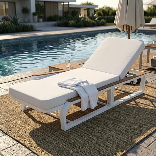 Adjustable Outdoor Chaise Lounge with Cushion, 5-Position Patio Recliner with Teak Wood Armrests, Iron Frame, Poolside, Backyard, Modern Neutral Design for Outdoor Spaces, Cream,Teak,White