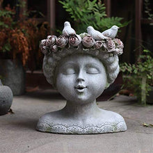 Statues Garden Ornaments Outdoor Vase Figurines Home Furnishing Decor Three Little Birds Stand On The Head of A Girl Wearing A Wreath Flower Pot Gray