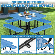 46" Square Top Outdoor Picnic Table Set for Up to 8 Persons, Outside Table Set with 4 Built-in Benches, Metal Commercial Grade Dining Furniture with Umbrella Hole for Garden, Backyard, Patio, Blue