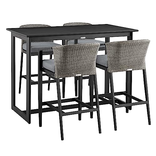 Armen Living Aileen Outdoor Patio 5-Piece Bar Table Set Aluminum with Grey Cushions Black