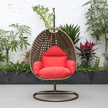 LeisureMod Wicker Rattan Hanging Egg Swing Chair with Stand & Cushion - Red Swing Chair for Indoor/Outdoor, Patio, Bedroom, Lounge Seat