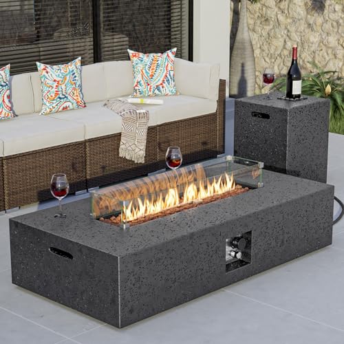 COSIEST 56 x 28 inch Outdoor Propane Fire Pit Coffee Table w Concrete Rectangle Base, Certified, 50,000 BTU, Free Lava Rocks and RainCover, Fits 20lb Tank Outside, Wind Guard, Tank Cover, Gray