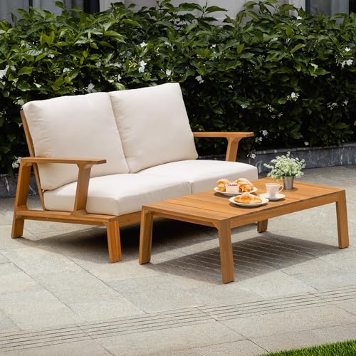 Idzo Jasper Solid Acacia Wood Loveseat Patio Set with Beige Cushions & Coffee Table – Modern Outdoor Furniture for Poolside, Garden, or Deck