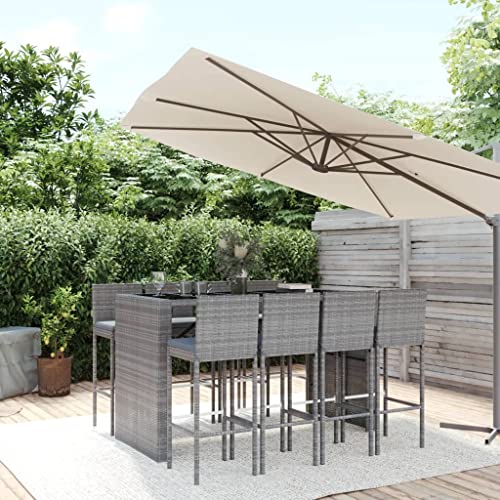 Molumvel 9 Piece Patio Bar Set, Poly Rattan Pub Furniture, Gray Cushions