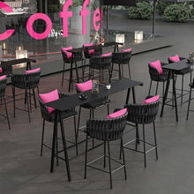 JOSOGO Outdoor Patio Bar Furniture Set Woven Rope High Top Bistro Tables with Cushioned Chairs Metal Frame Outside Dining Combo for Cafe Backyard Restaurant Lounge(A)