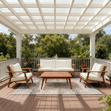 YJSPSSW 4-Piece Mid-Century Modern Acacia Wood Patio Seating Set – Outdoor Conversation Set with Loveseat, Club Chairs & Slatted Coffee Table + Weather-Resistant Cushions