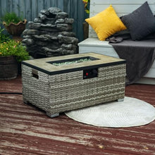Propane Fire Pit Table with Tank Cover Set, 50000 BTU Rectangular Outdoor Gas Fireplace, Steel Burner Patio Heating Centerpiece with Lid, Wicker Base, Rain Cover, Glass Rocks Included (Beige)