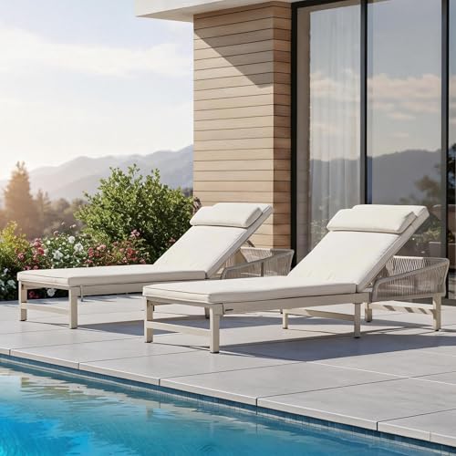 SANDAZE Aluminum Outdoor Lounge Chaise Chair with 2" Thick Cushion & Pillow, 5-Position Adjustable Patio Chaise Lounge with Wheels, 350lbs Capacity Pool Sun Lounge for Deck, Backyard, Beach (2 Chairs)