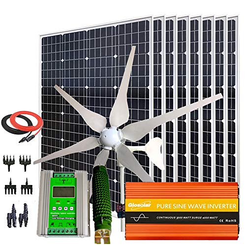 1300 Watts Wind Solar Hybrid Kit: 400W 24V Wind Turbine Generator + 8pcs 120W Monocrystalline Solar Panel + 2000W Pure Since Inverter(Peak 4000W)+Accessories