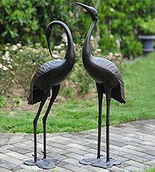 Westcharm Heavy Duty Garden Crane Pair Statue - Upright and Preening Heron Couple Metal Sculpture Set, Antique Bronze (12 lbs. Each Crane)
