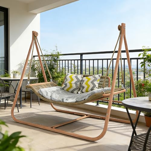 JESE Hammock Swing Chair with Stand & Cushion – Anti-Rust Wood-Colored Frame, 570 lbs Oversized Double Hammock Chair, Suitable for Indoor, Outdoor, Patio, Bedroom, Balcony