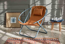Mern Living Leather Folding Chair - Luxury Papasan Chair, Sling Accent Chair, Round Saucer Chair for Patio, Garden, Beach, Living Rooms and Bedrooms, Modern Furniture (Faux Leather, Orange)