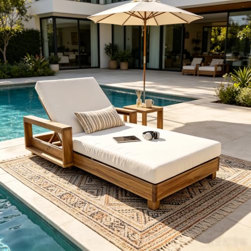 Merax Acacia Wood Chaise Lounge with 1 Double-Fold Cushion Chaise, Cream
