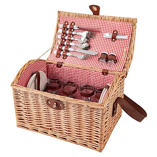 Storage Basket,Wicker Picnic for 4 Persons with Utensils Cutlery, Willow Hamper Service Gift Set, Outdoor Hand Woven for Valentine Day, Birthday