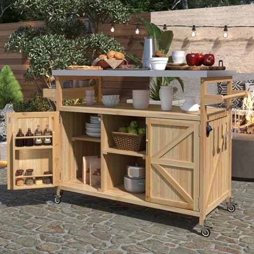 SDVantage Stainless Steel Outdoor Kitchen Island Bar Cart with Solid Wood Storage Cabinet Spice Rack Towel Rack Lockable Wheels for BBQ Patio Use,Natural
