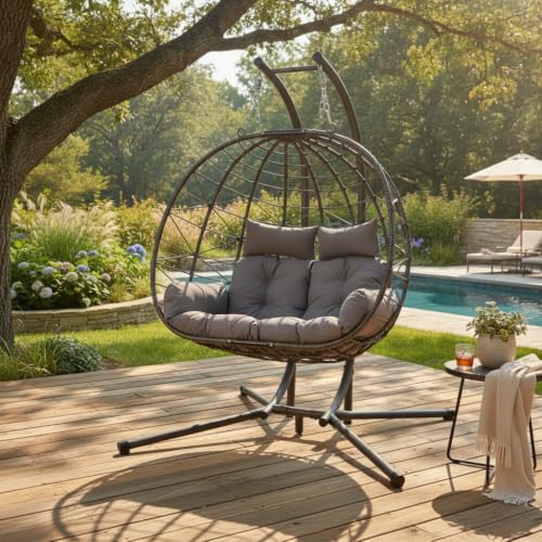 GDFStudio Double Hanging Egg Chair with Stand, Patio Hammock Swing Loveseat for Two, Oversized Wicker Chair with Cushion, Indoor Outdoor, Grey